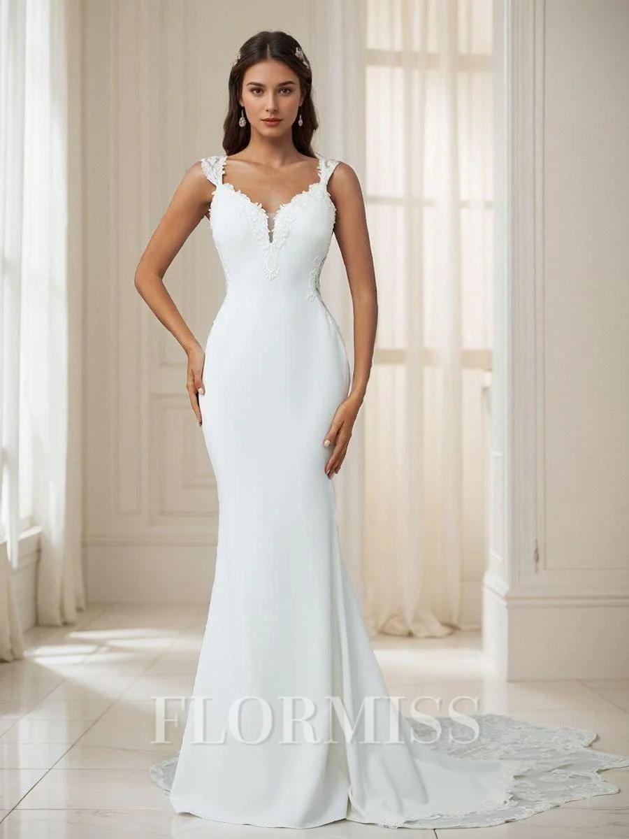 Sheath V-neck Appliques Lace Chapel Train Stretch Crepe Wedding Dress