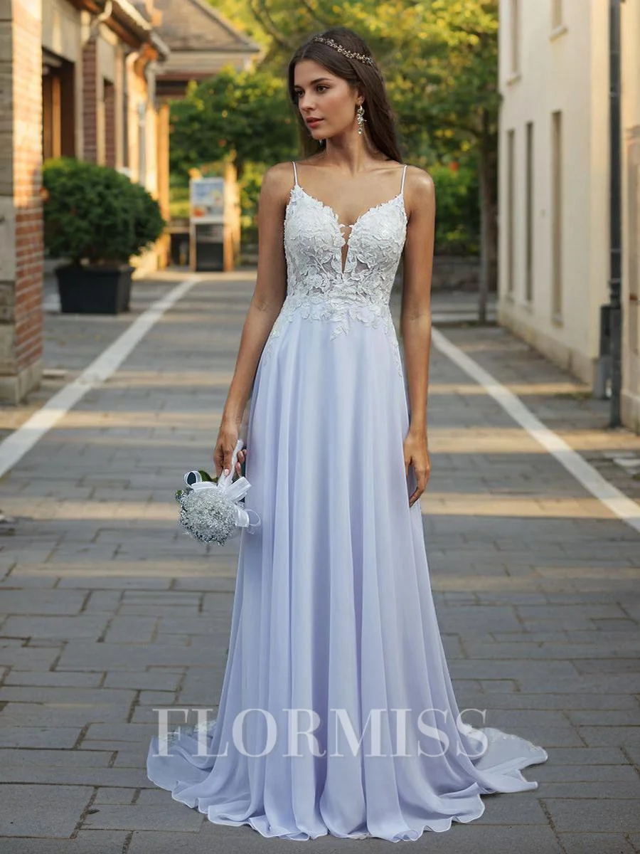A-line V-neck Appliques Lace Cathedral Train Chiffon Wedding Dress