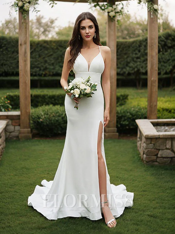 Sheath/Column Satin Ruffles Halter Sleeveless Sweep Train Wedding Dresses