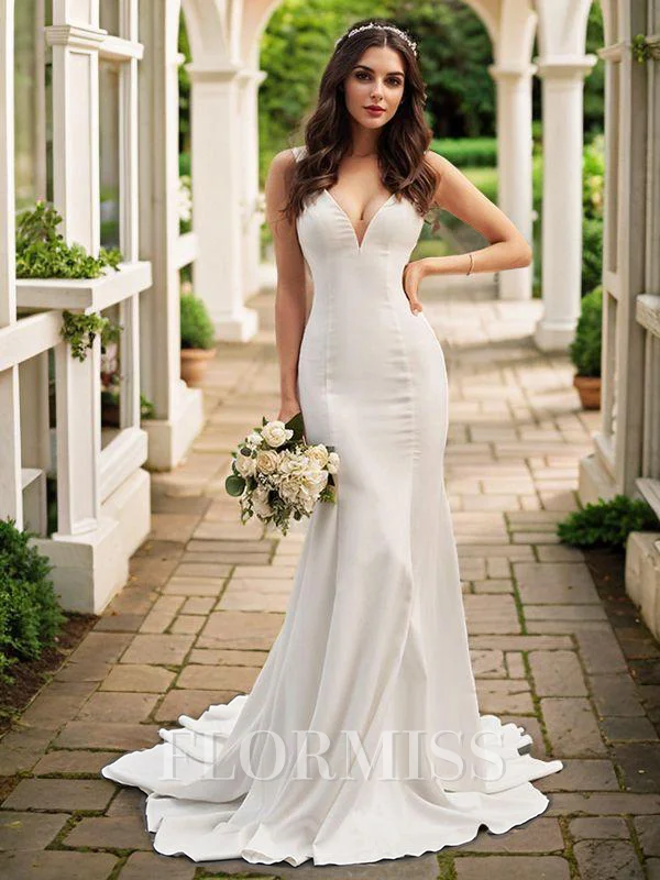 Trumpet/Mermaid Satin V-neck Ruffles Sleeveless Court Train Wedding Dresses