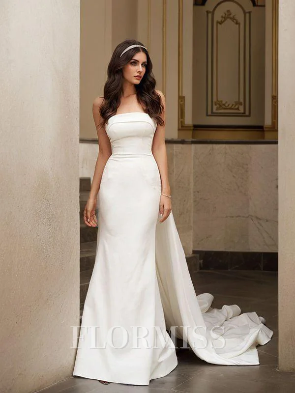 Sheath/Column Satin Ruched Strapless Sleeveless Court Train Wedding Dresses