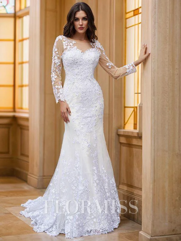 Trumpet/Mermaid Tulle Applique Scoop Long Sleeves Sweep Train Wedding Dresses