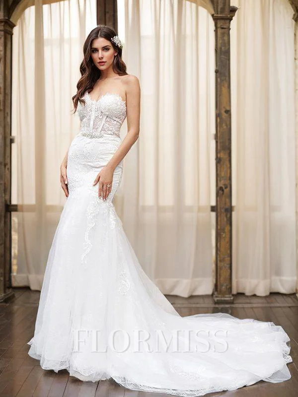 Trumpet/Mermaid Tulle Sweetheart Applique Sleeveless Court Train Wedding Dresses