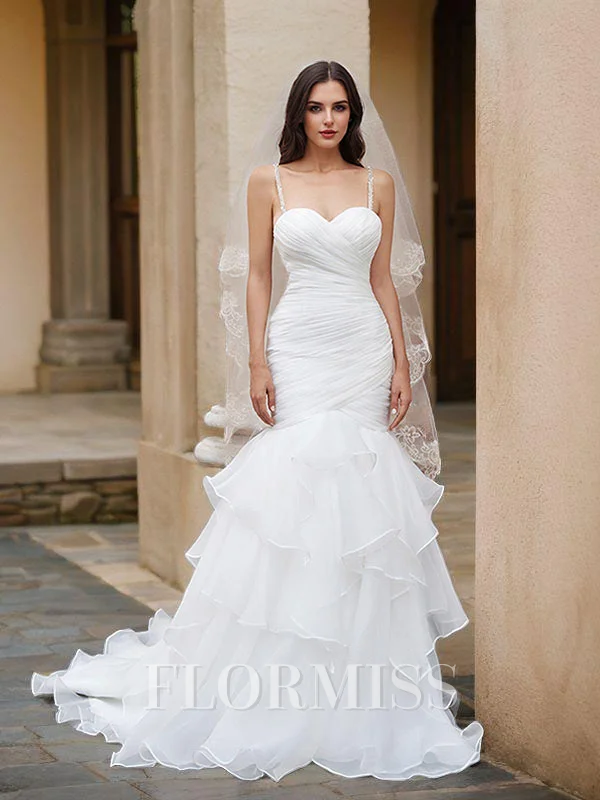Trumpet/Mermaid Layers Spaghetti Straps Organza Sleeveless Sweep Train Wedding Dresses