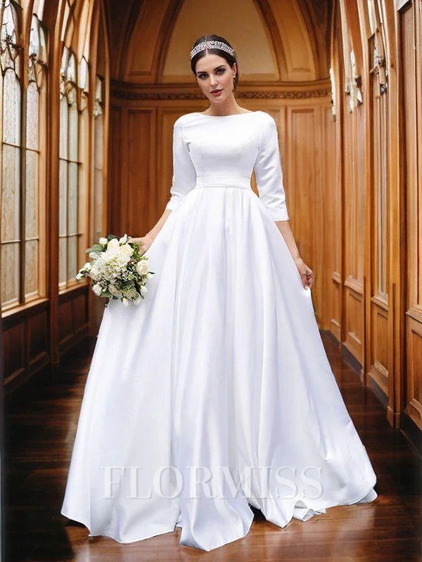 A-Line/Princess Satin Bowknot Bateau 3/4 Sleeves Sweep Train Wedding Dresses