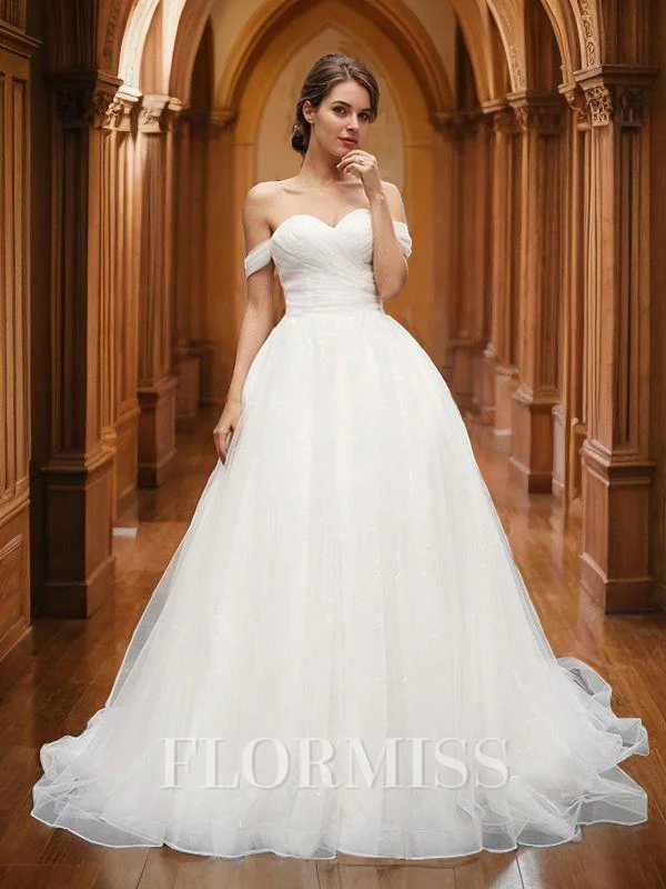 A-Line/Princess Off-the-Shoulder Tulle Sleeveless Ruched Court Train Wedding Dresses