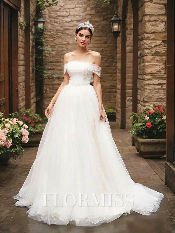 A-Line/Princess Tulle Sleeveless Off-the-Shoulder Ruched Sweep Train Wedding Dresses