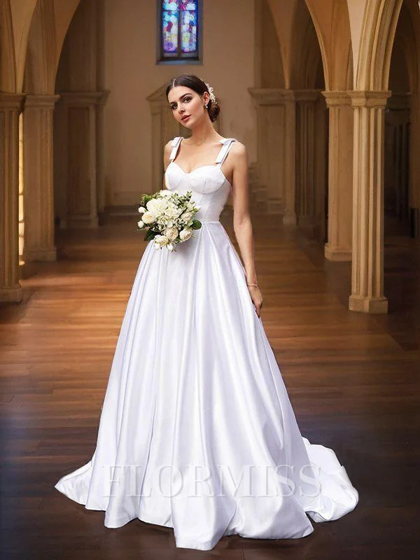 A-Line/Princess Satin Ruffles Straps Sleeveless Sweep Train Wedding Dresses