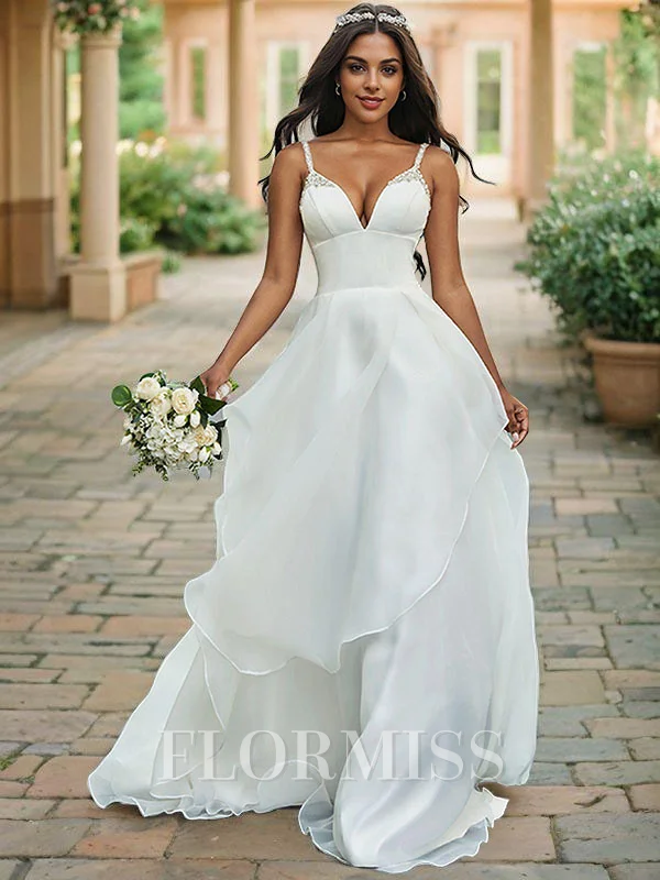 A-Line/Princess V-neck Organza Sleeveless Beading Sweep Train Wedding Dresses