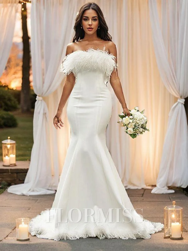Trumpet/Mermaid Strapless Satin Feathers/Fur Sleeveless Sweep Train Wedding Dresses