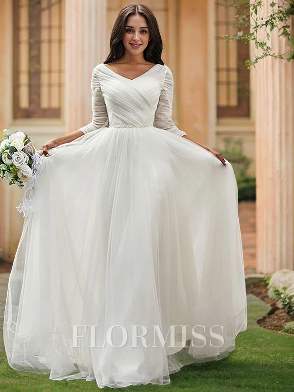A-Line/Princess Ruched Sweetheart Tulle 3/4 Sleeves Sweep Train Wedding Dresses