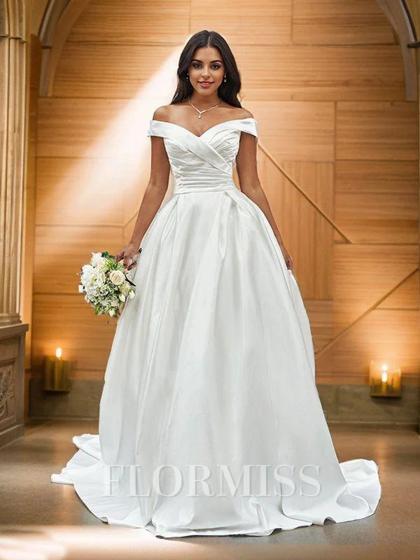 A-Line/Princess Off-the-Shoulder Ruched Sleeveless Satin Court Train Wedding Dresses