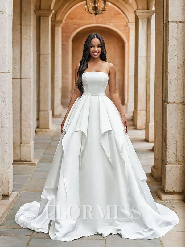 Ball-Gown Satin Ruffles Strapless Sleeveless Court Train Wedding Dresses