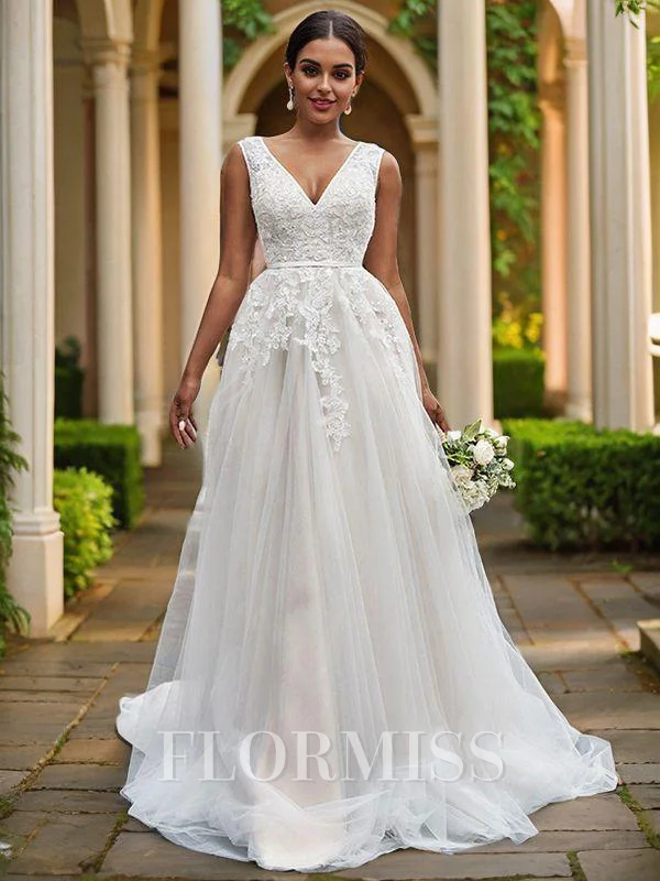 A-Line/Princess V-neck Tulle Applique Sleeveless Sweep Train Wedding Dresses
