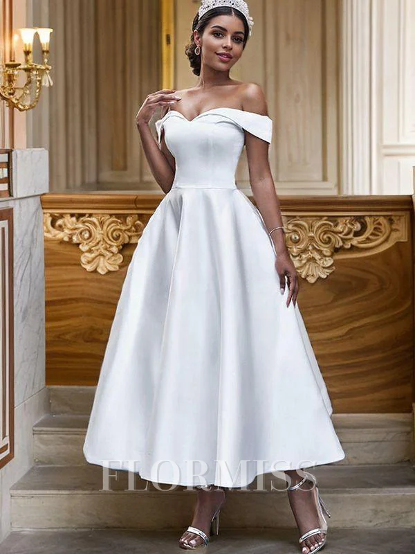 A-Line/Princess Satin Ruffles Off-the-Shoulder Sleeveless Ankle-Length Wedding Dresses