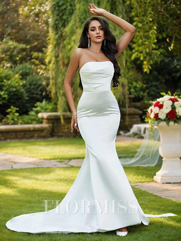 Trumpet/Mermaid Satin Ruched Strapless Sleeveless Sweep Train Wedding Dresses