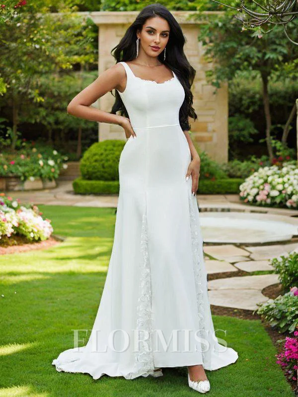 A-Line/Princess Lace Ruffles Straps Sleeveless Sweep Train Wedding Dresses