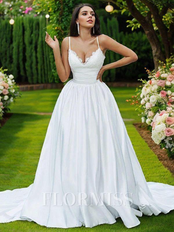 Ball-Gown Lace Ruffles V-neck Sleeveless Sweep Train Wedding Dresses