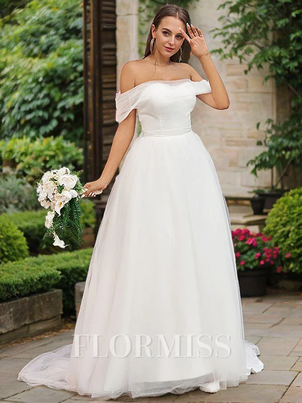 A-Line/Princess Tulle Ruffles Off-the-Shoulder Sleeveless Sweep Train Wedding Dresses