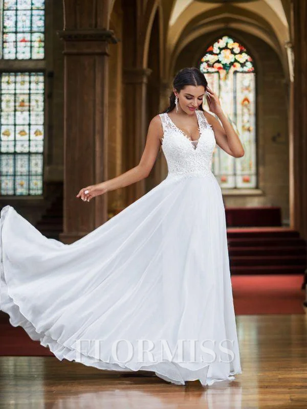 A-Line/Princess Chiffon Lace V-neck Sleeveless Sweep Train Wedding Dresses