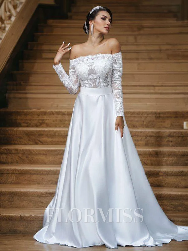 A-Line/Princess Satin Lace Off-the-Shoulder Long Sleeves Sweep Train Wedding Dresses