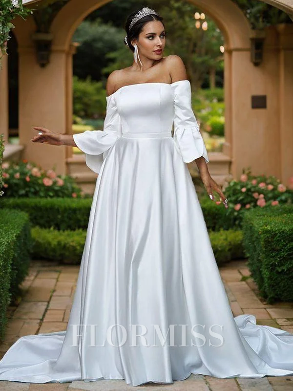 A-Line/Princess Charmeuse Ruffles Off-the-Shoulder 3/4 Sleeves Sweep Train Wedding Dresses