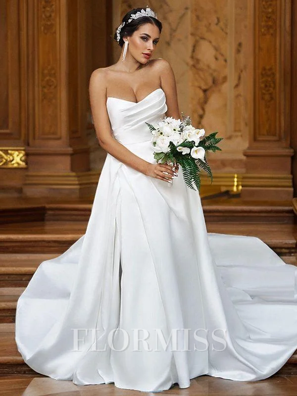 A-Line/Princess Satin Ruffles Sweetheart Sleeveless Sweep Train Wedding Dresses