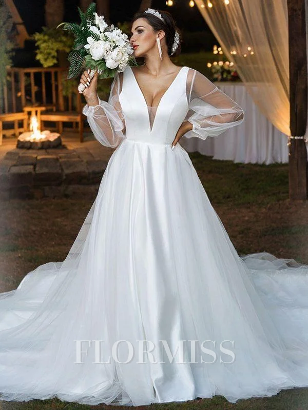 A-Line/Princess Tulle Ruffles V-neck Long Sleeves Court Train Wedding Dresses