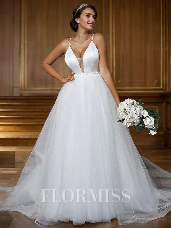 A-Line/Princess Tulle Ruffles V-neck Sleeveless Sweep Train Wedding Dresses