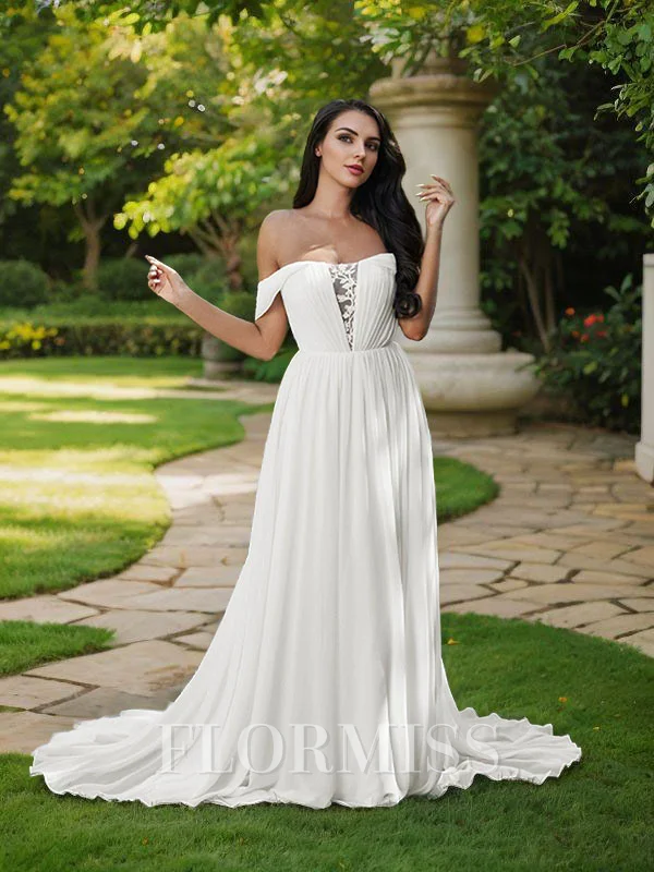A-Line/Princess Chiffon Ruffles Off-the-Shoulder Sleeveless Sweep Train Wedding Dresses