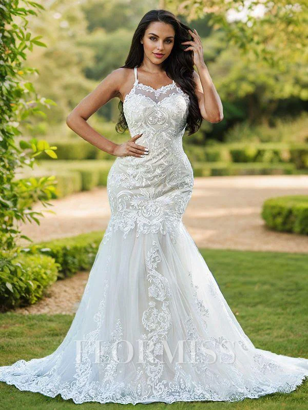 Trumpet/Mermaid Lace Ruffles Spaghetti Straps Sleeveless Sweep Train Wedding Dresses