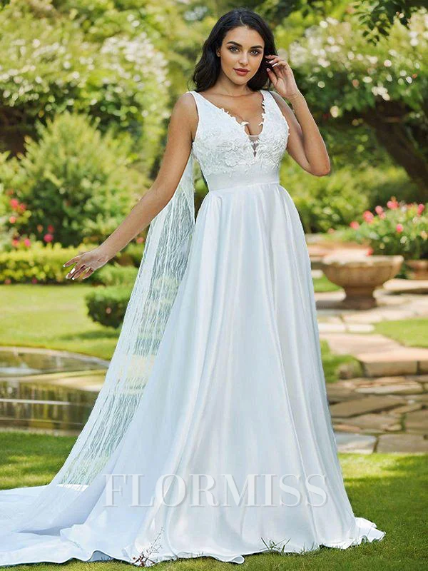 A-Line/Princess Satin Applique V-neck Sleeveless Sweep Train Wedding Dresses
