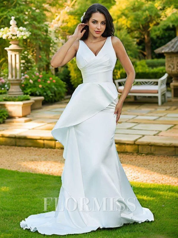 Sheath/Column Satin Ruffles V-neck Sleeveless Sweep Train Wedding Dresses