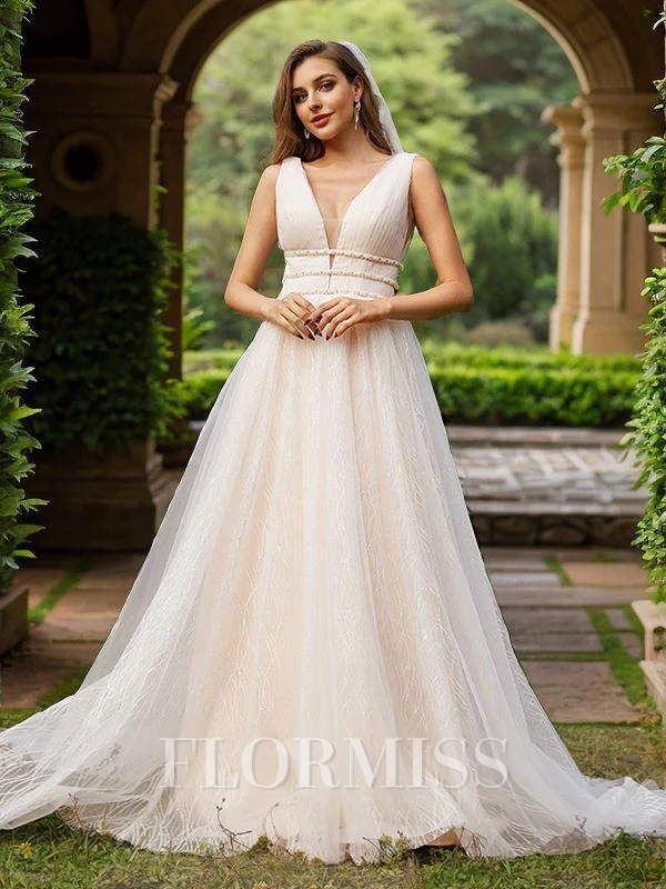 A-Line/Princess Tulle Ruffles V-neck Sleeveless Sweep Train Wedding Dresses