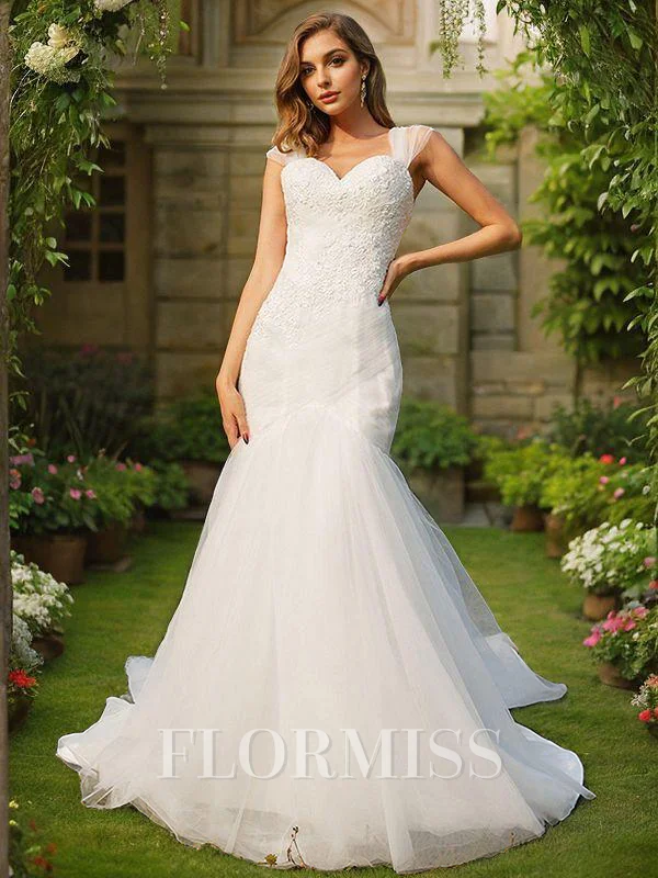 Trumpet/Mermaid Tulle Applique Sweetheart Sleeveless Sweep Train Wedding Dresses