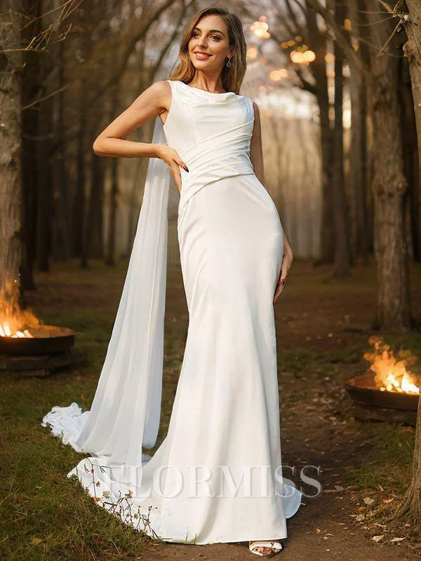 Sheath/Column Satin Ruched Scoop Sleeveless Sweep Train Wedding Dresses