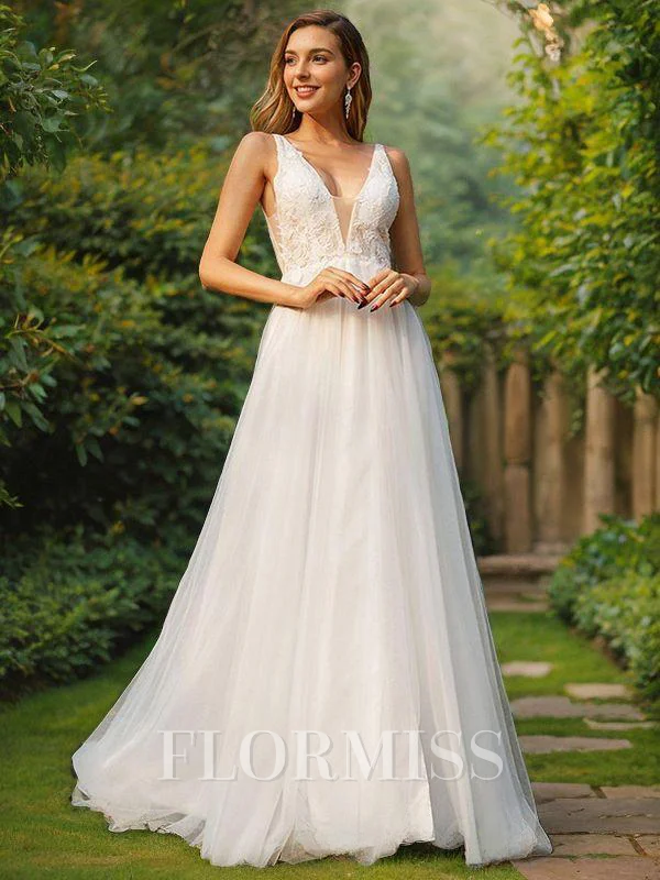 A-Line/Princess Tulle Applique V-neck Sleeveless Sweep Train Wedding Dresses