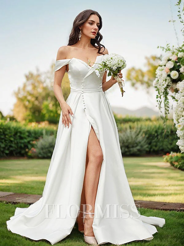 A-Line/Princess Satin Ruched Off-the-Shoulder Sleeveless Sweep Train Wedding Dresses