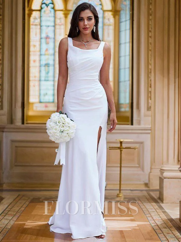 Sheath/Column Stretch Crepe Ruched Straps Sleeveless Sweep Train Wedding Dresses