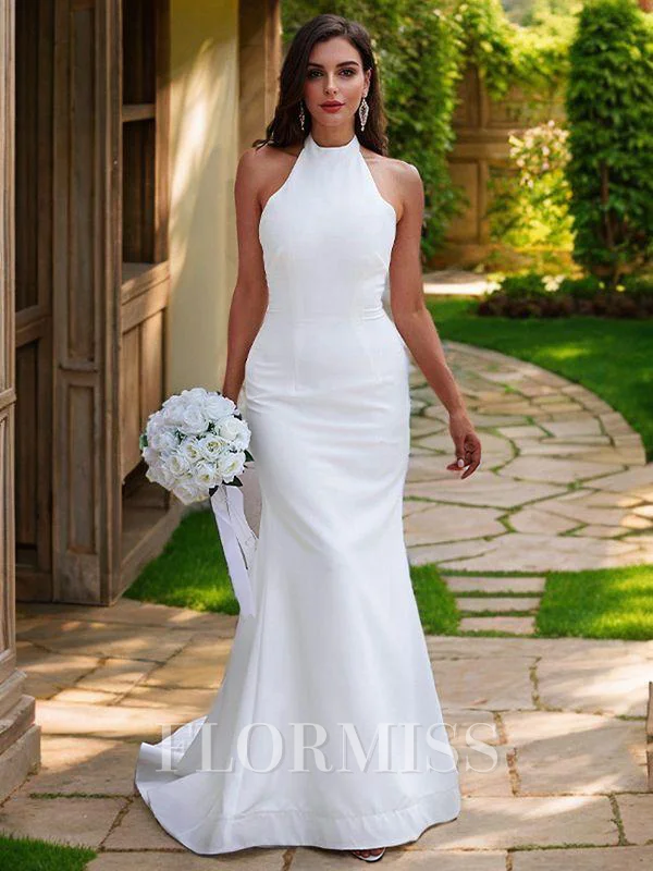 Sheath/Column Stretch Crepe Ruched Halter Sleeveless Sweep Train Wedding Dresses