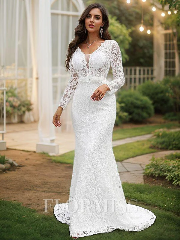 Sheath/Column Lace Hand-Made Flower V-neck Long Sleeves Sweep Train Wedding Dresses
