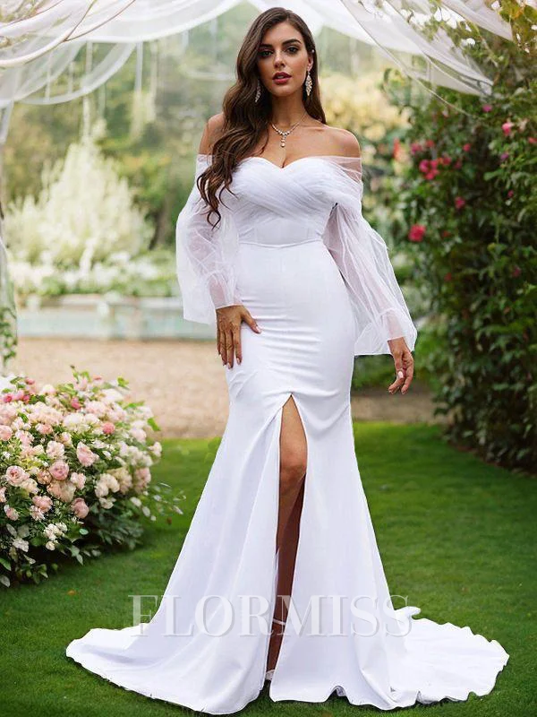 Sheath/Column Stretch Crepe Ruched Off-the-Shoulder Long Sleeves Sweep Train Wedding Dresses