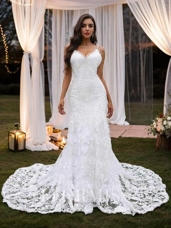 Sheath/Column Lace  V-neck Sleeveless Sweep Train Wedding Dresses