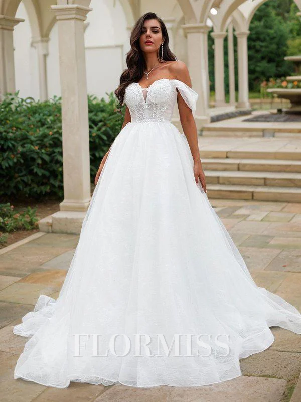 A-Line/Princess Lace Applique Off-the-Shoulder Sleeveless Sweep Train Wedding Dresses