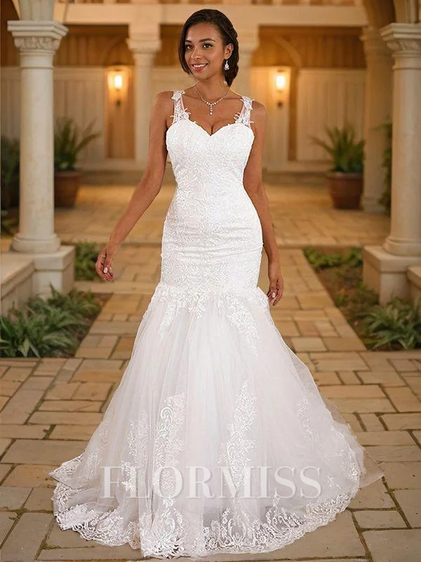 Trumpet/Mermaid Lace Applique V-neck Sleeveless Sweep Train Wedding Dresses