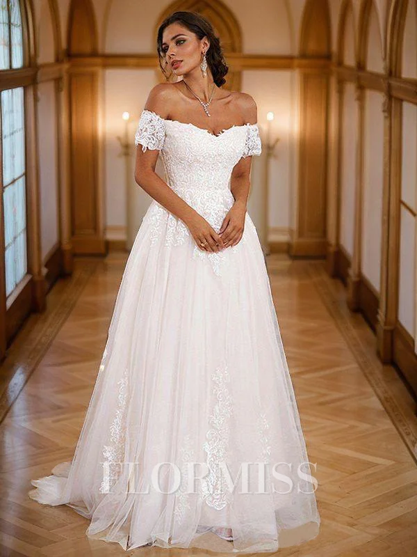 A-Line/Princess Lace Applique Off-the-Shoulder Short Sleeves Sweep Train Wedding Dresses