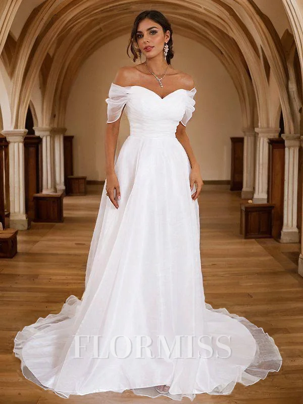 A-Line/Princess Tulle Ruched Off-the-Shoulder Sleeveless Sweep Train Wedding Dresses