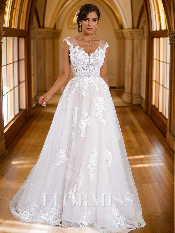 A-Line/Princess Lace Applique V-neck Sleeveless Sweep Train Wedding Dresses