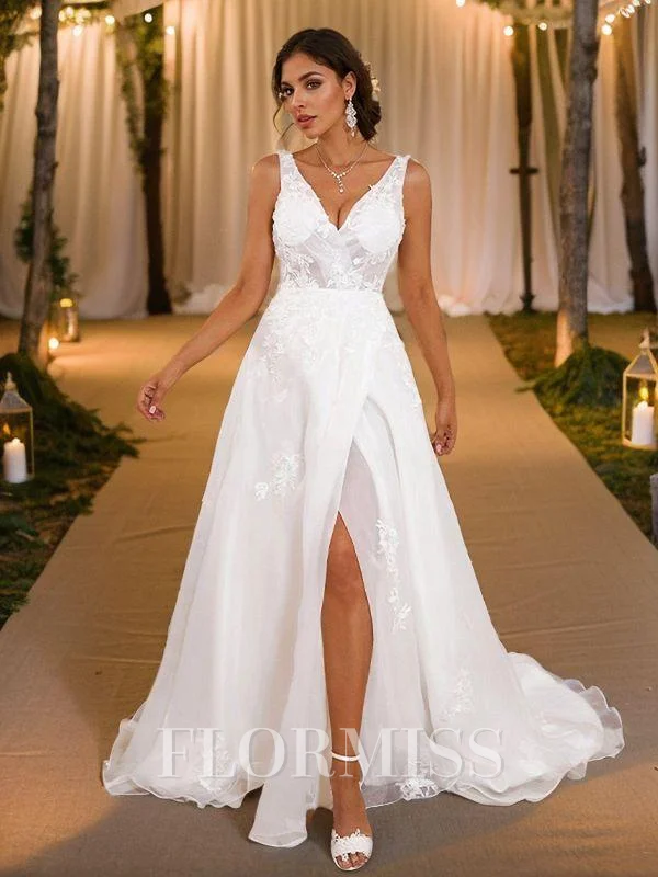 A-Line/Princess Satin Applique V-neck Sleeveless Sweep Train Wedding Dresses