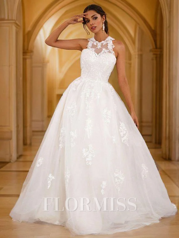 A-Line/Princess Lace Applique Scoop Sleeveless Sweep Train Wedding Dresses